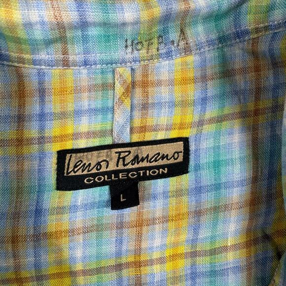 Lenor Romano Vintage Linen Shirt Button Up Mens L Check Plaid Blue Yellow - Picture 2 of 7
